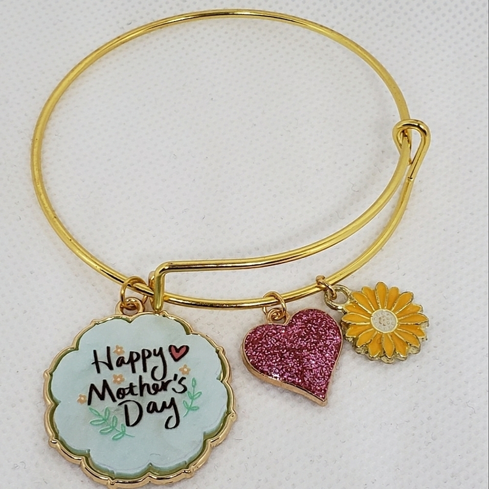 Handmade Blue Happy Mother's Day Heart Daisy Bangle Charm Bracelet